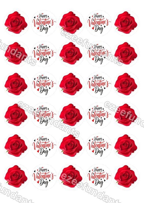 30x Valentine Edible Cupcake Toppers Red Roses Pre-cut Wafer/Icing Sheet
