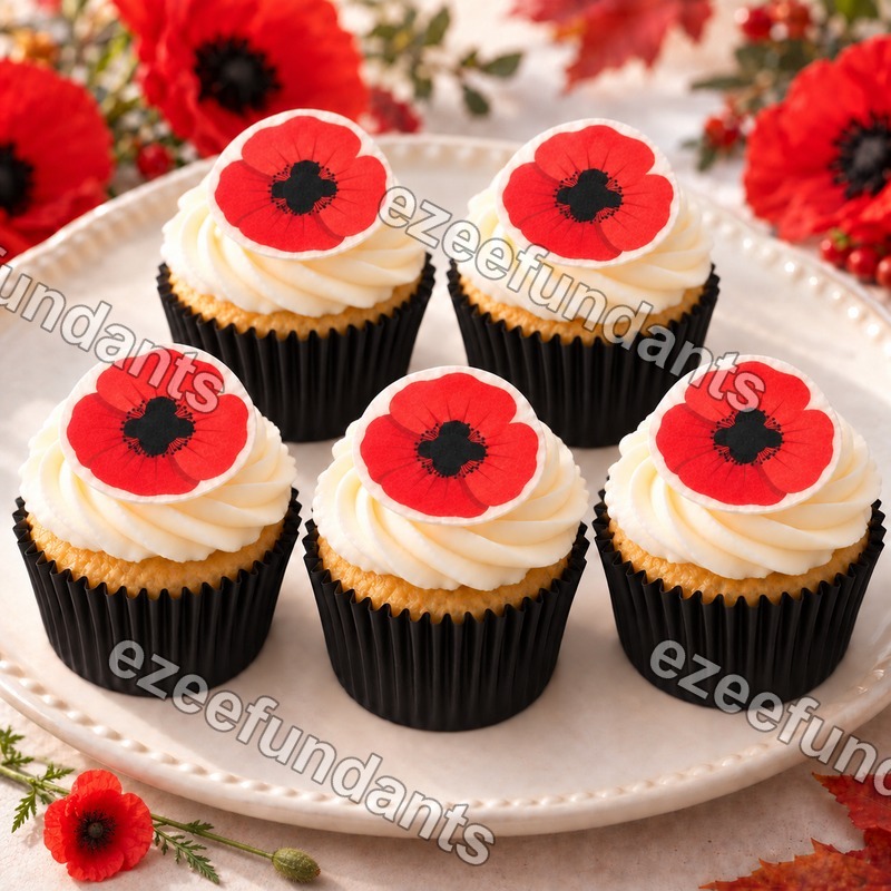 30 Poppy Remembrance Day Edible Cupcake Toppers Wafer Paper/ Icing — photo 1