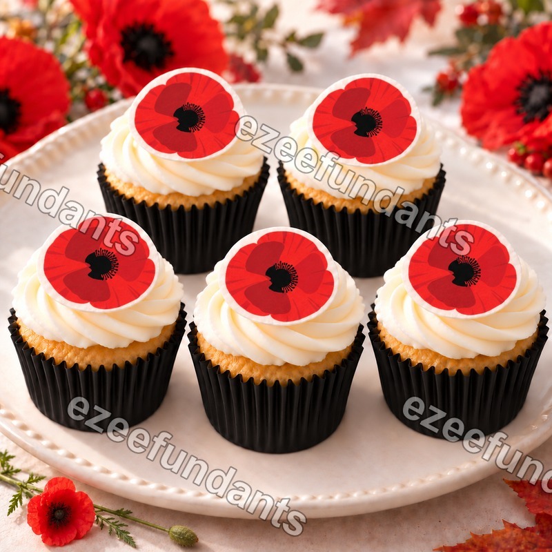 30 Poppy Remembrance Day Edible Cupcake Toppers Wafer/Icing