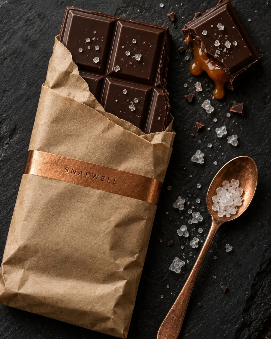 A half-unwrapped kraft chocolate bar on slate with salted caramel oozing from a snapped piece